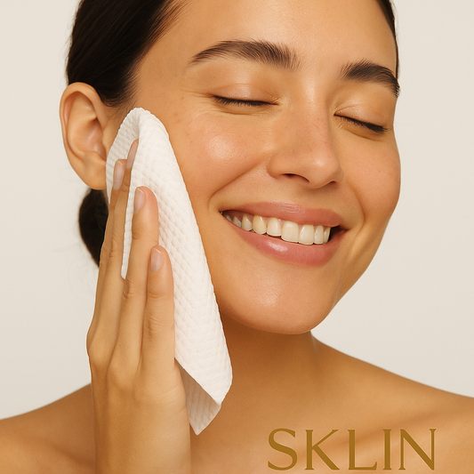 Woman cleansing face with cloth