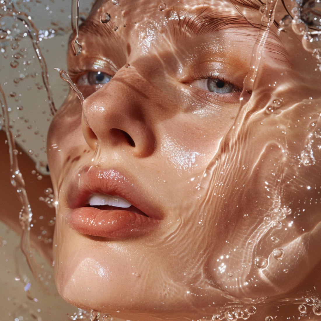 Woman hydrating face with water