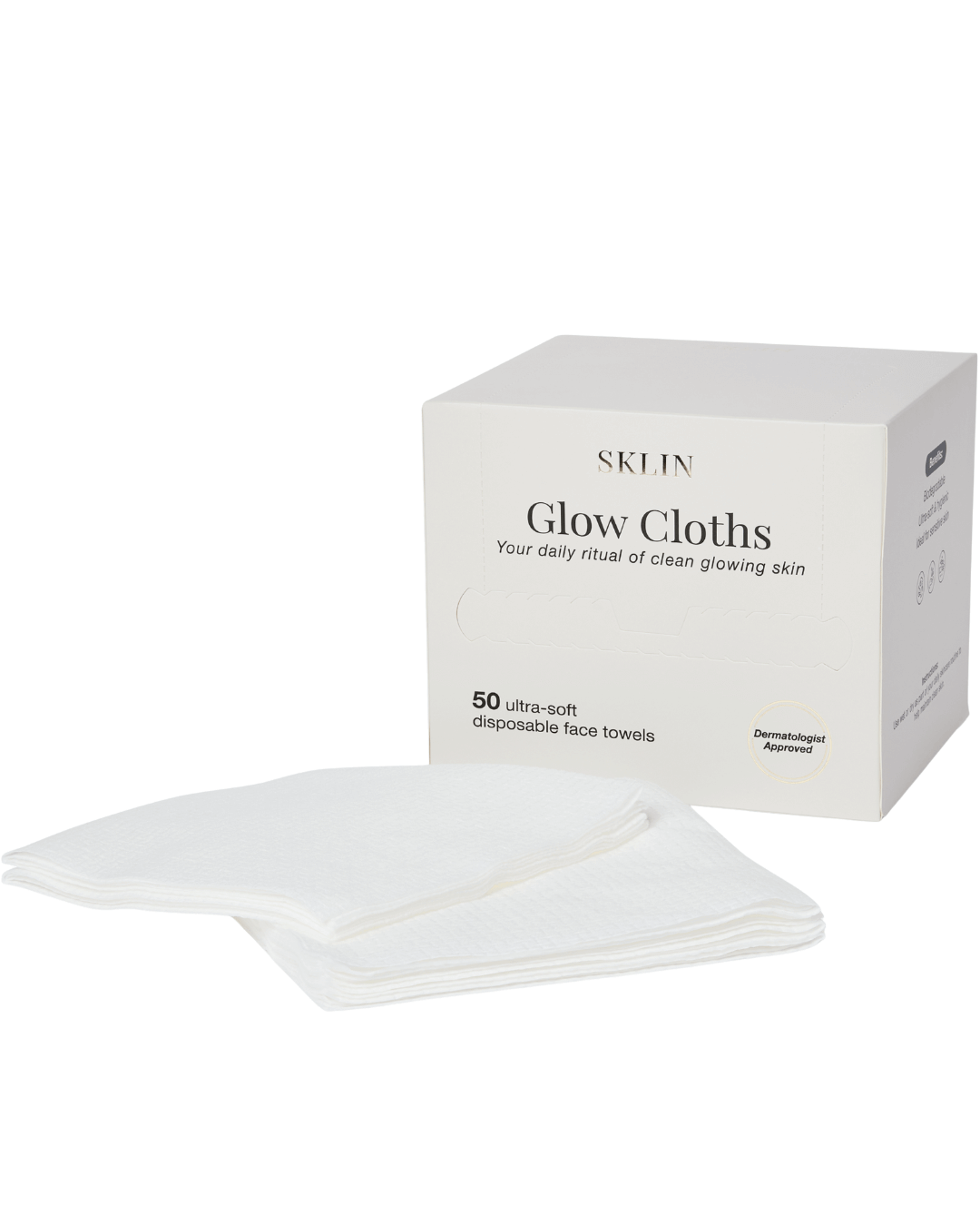 SKLIN Glow Cloths — Dermatologist-Approved Disposable Face Towels in a box with ultra-soft face towels.