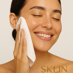 Woman cleaning her face with a viscose wipe with 'SKLIN' branding visible.