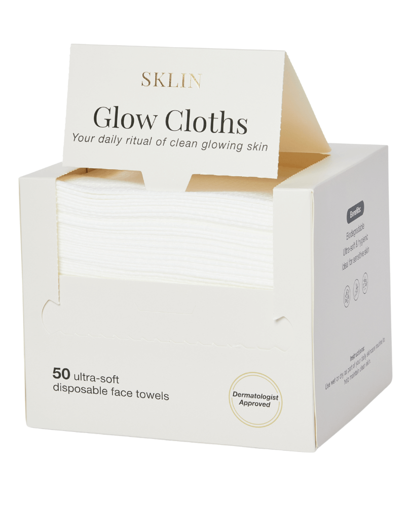 SKLIN Glow Cloths — Dermatologist-Approved Disposable Face Towels in a box with 50 ultra-soft towels for glowing skin.